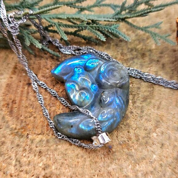 Nature Labradorite Carved Flashy Sleeping Rabbit On  Moon Pendant Necklace - Picture 2 of 10